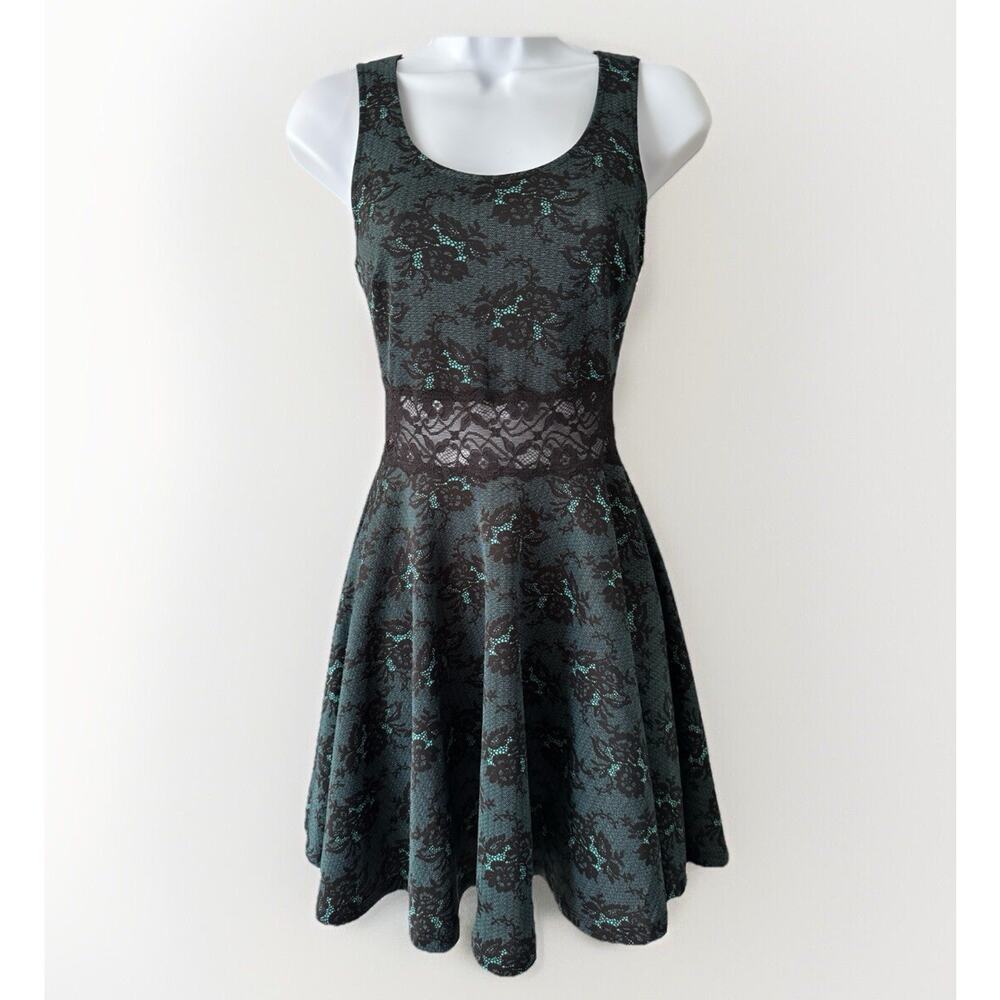 VTG Y2K Deb Womens Stretch‎ Dress Small Green Black Lace Whimsigoth Mall Goth